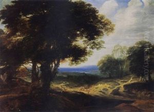 An Extensive Wooded Landscape With Travellers Resting On A Path And A Horse Drawn Cart On The Left by Jacques d' Arthois