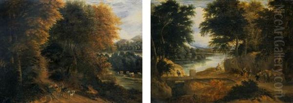 An Extensive Wooded Landscape With Travellers In A Wagon Coming Down A Path - view 1