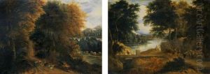 An Extensive Wooded Landscape With Travellers In A Wagon Coming Down A Path by Jacques d' Arthois