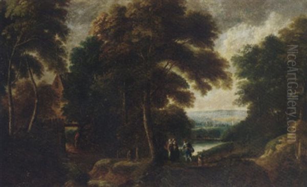 A Wooded River Landscape With Elegant Company On A Path, With A Cottage Beyond - view 1
