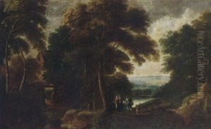 A Wooded River Landscape With Elegant Company On A Path, With A Cottage Beyond by Jacques d' Arthois