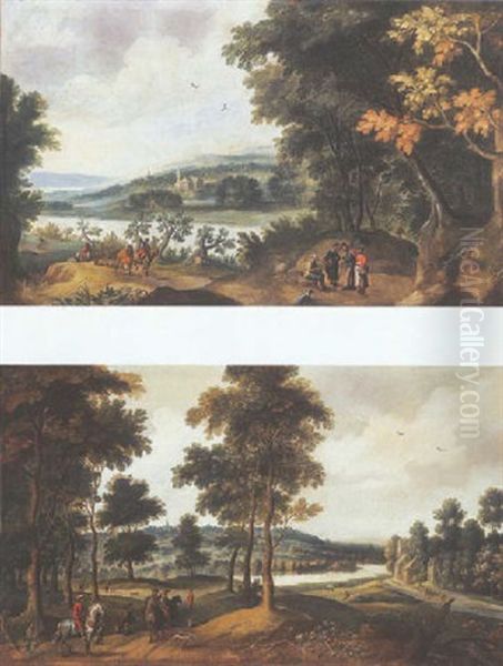 Paysage Boise Avec Des Chasseurs Au Bord D'une Riviere - view 1