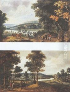 Paysage Boise Avec Des Chasseurs Au Bord D'une Riviere by Jacques d' Arthois