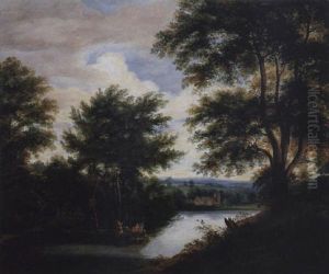 Flusslandschaft Mit Bewaldeten Ufern Flusslandschaft Mit Bewaldeten Ufern