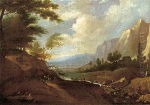 Travellers On A Path By A Torrent In A Mountainous Landscape