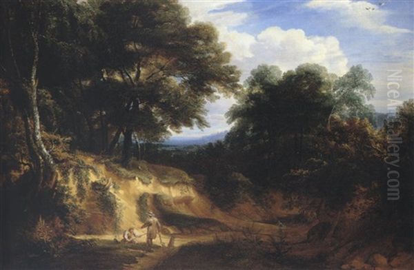 A Wooded Landscape With Huntsmen Resting In A Clearing By A Pond - view 1