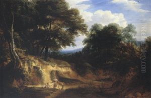 A Wooded Landscape With Huntsmen Resting In A Clearing By A Pond by Jacques d' Arthois