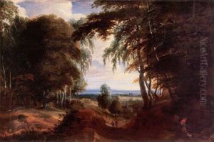 A View In The Zonien Wood Near Brussels With Travellers On A Country Path In The Foreground And The Abbey Of Zevenborren Beyond