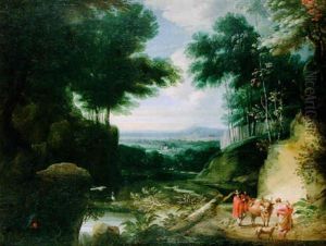 A Wooded Landscape With Figures And Farm Animals On A Track, And Herons By A Pond by Jacques d' Arthois
