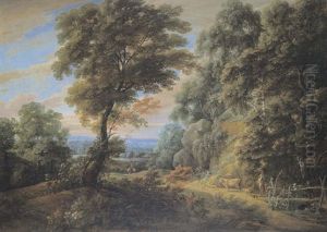 Bewaldete Landschaft Mit Blick In Die Ferne Auf Ein Kloster Und Eine Stadt