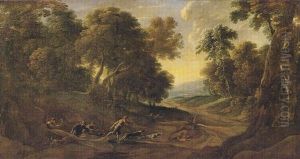 A Wooded Landscape With Figures And Hounds Hunting A Stag