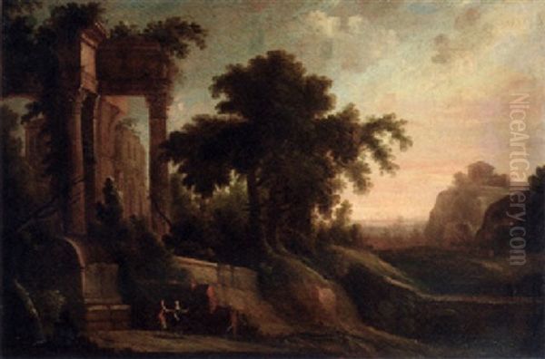 An Italianate Landscape With Figures By A Ruined Classical Tempel - view 1
