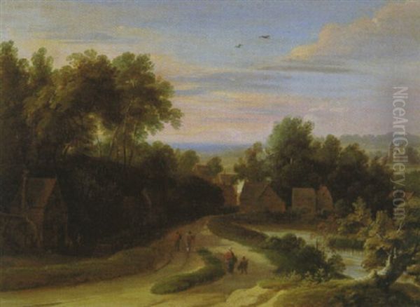 Flamisches Dorf Mit Einer Muhle Links, Bauern Auf Dem Weg Am Teich Vorn Und Bauernkaten Zwischen Baumen - view 1