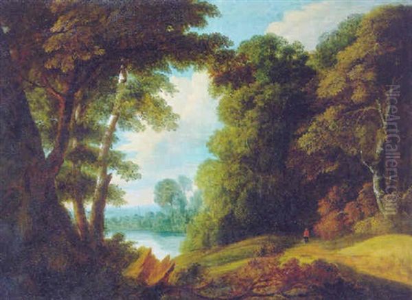 A Wooded Landscape With A Traveller On A Track By A Lake, In Summer - view 1