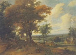 Extensive Landscape With A Sportsman And Other Figures At The Margin Of A Wood