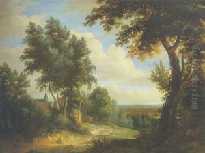 A Bosky Lansdcape With Figures And A Pilgrim Resting On A Road Passing A Hamlet by Jacques d' Arthois