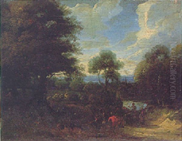 A Wooded Landscape With Travellers On A Country Path, A Lake And A Church Spire In The Distance Beyond - view 1