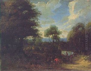 A Wooded Landscape With Travellers On A Country Path, A Lake And A Church Spire In The Distance Beyond