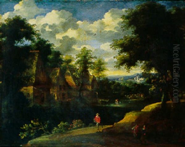 Paysage Boise Avec Personnages Et Troupeaux Pres D'un Village Au Bord De L'eau - view 1