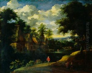 Paysage Boise Avec Personnages Et Troupeaux Pres D'un Village Au Bord De L'eau by Jacques d' Arthois