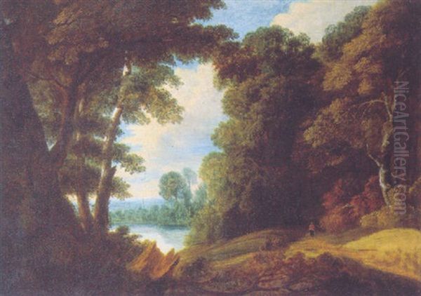 A Wooded Landscape In Summer With A Traveller On A Track By A Lake - view 1