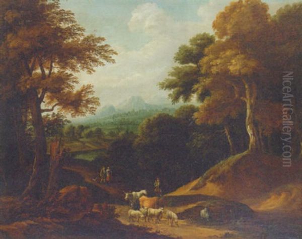 A Wooded Landscape With Drovers And Cattle On A Track - view 1