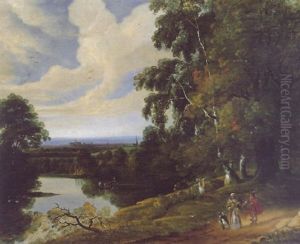 An Elegant Family Walking On A Country Path With A River And A Town In The Distance Beyond