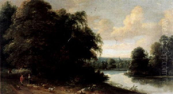 Weite Flusslandschaft Mit Bauern Und Schafherde Auf Einem Weg - view 1