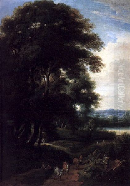 A Wooded Landscape With Peasants And Cattle On A Path - view 1