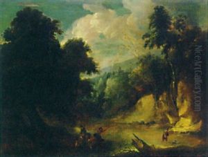 A Wooded Landscape With A Drovers Fording A River And A Boy With A Fishing Net