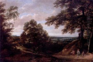 A Woodland Path With A Huntsman Conversing With An Elegant Gentleman And His Page, An Extensive Panorama Beyond
