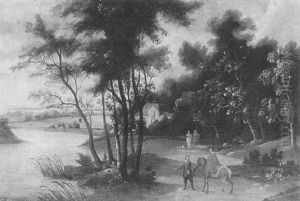 Reiter Und Landleute Vor Wald In Einer Fluslandschaft, Zwischen Den Baumen Ein Haus by Jacques d' Arthois