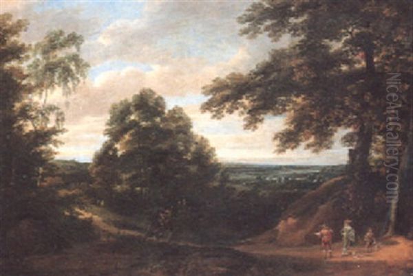 Woodland Path With A Huntsman Conversing With An Elegant Gentleman And His Page - view 1