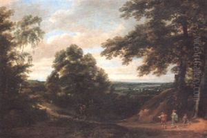 Woodland Path With A Huntsman Conversing With An Elegant Gentleman And His Page