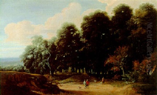 Wooded Landscape With Travelers And Dogs, Village Beyond - view 1