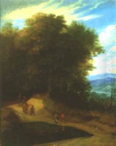Wooded Landscape With Travellers On A Path Beside A Pool, A River Valley Beyond by Jacques d' Arthois