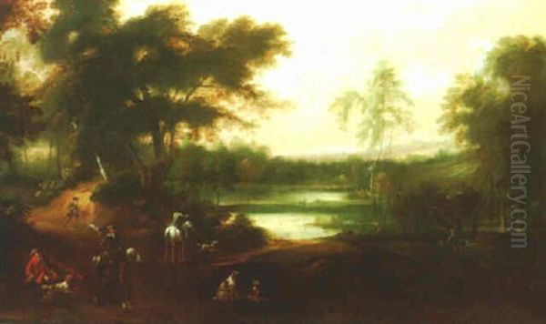 A Wooded Landscape With Figures Hunting By A Lake - view 1
