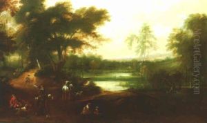 A Wooded Landscape With Figures Hunting By A Lake A Wooded Landscape With Figures Hunting By A Lake