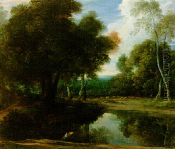 Wooded Landscape With A Shepherd And His Flock By A Pool, A Rider Beyond - view 1