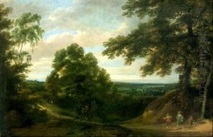 A Woodland Path With A Huntsman Conversing With An Elegant Gentleman And His Page