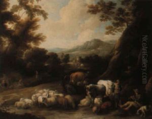A Wooded Landscape With Herders Resting With Cattle And Sheep by Jacques d' Arthois