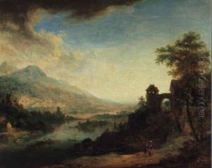 Wanderer In Einer Bewaldeten Fluslandschaft
