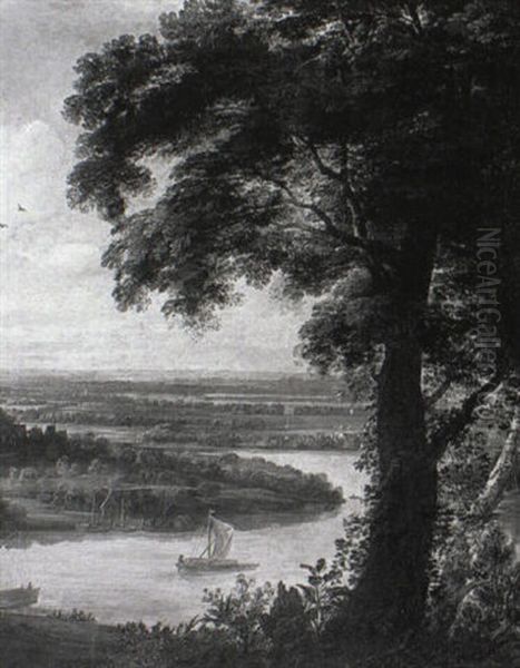 Extensive River Landscape With Barges And A Village Beyond - view 1