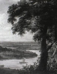 Extensive River Landscape With Barges And A Village Beyond by Jacques d' Arthois