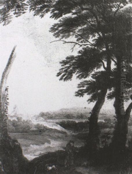 Man And His Dog On A Wooded Track With A Windmill On A Heath - view 1