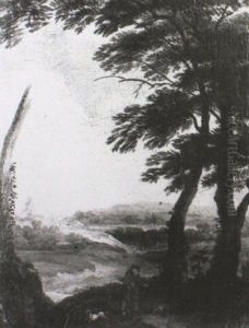 Man And His Dog On A Wooded Track With A Windmill On A Heath by Jacques d' Arthois