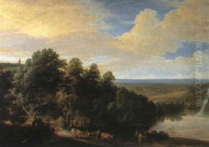 Bewaldete Landschaft Am See (am Sandigen Ufer Fuhren Bauern Ihre Rinderherde Zur Tranke...) by Jacques d' Arthois