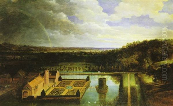 Panoramic Mountainous Landscape With A Rainbow, An Elaborate Palace And Figures Strolling In The Gardens... - view 1