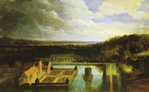 Panoramic Mountainous Landscape With A Rainbow, An Elaborate Palace And Figures Strolling In The Gardens... by Jacques d' Arthois