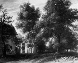 Wooded Landscape With Figures Near Cottages And A Shepherd With His Flock On A Path by Jacques d' Arthois